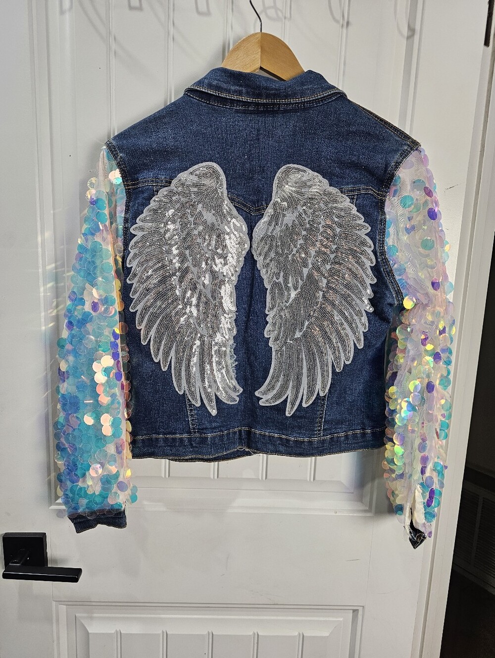 NWT Denim Jacket With Silver Angel Wings Iridescent Sequin Sleeves Bling Medium